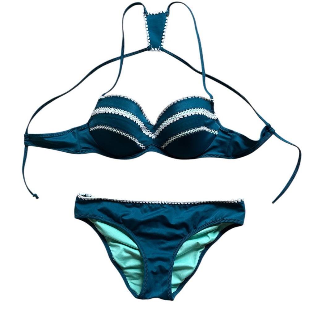 Shade & Shore Teal and White Bikini Set with Bandeau Top & Ruched Bottom